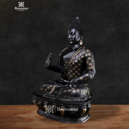 Brassaura® Black Patina Buddha Statue with Floral Work | Pure Superfine Brass Handcrafted Murti | Brass Statue for Home Temple, Pooja Room | Height 46 Inches | Weight 88.5 Kg