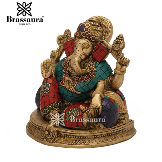 Brass Gem Stone Work Ganesha Statue For Home Decor Weight 2.5 Kg And Height 6 Inch