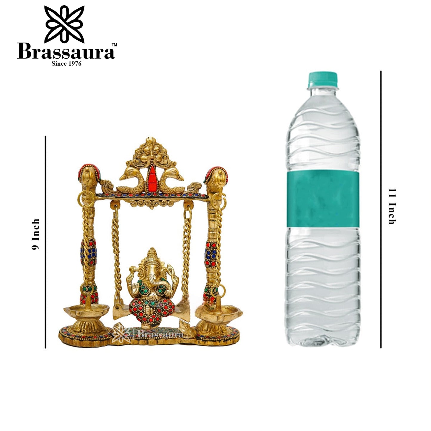 Brassaura™ Brass Gem Stone Work Ganesha Jhula Idol for Home and Decor | Weight 2.1 Kgs | Height 9 Inches