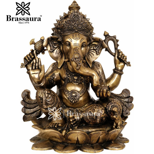Brassaura™ Brass Ganesha Statue | Handcrafted Grand Vinayaka Idol for Home & Décor | Height 21 Inches & Weight 29 Kgs
