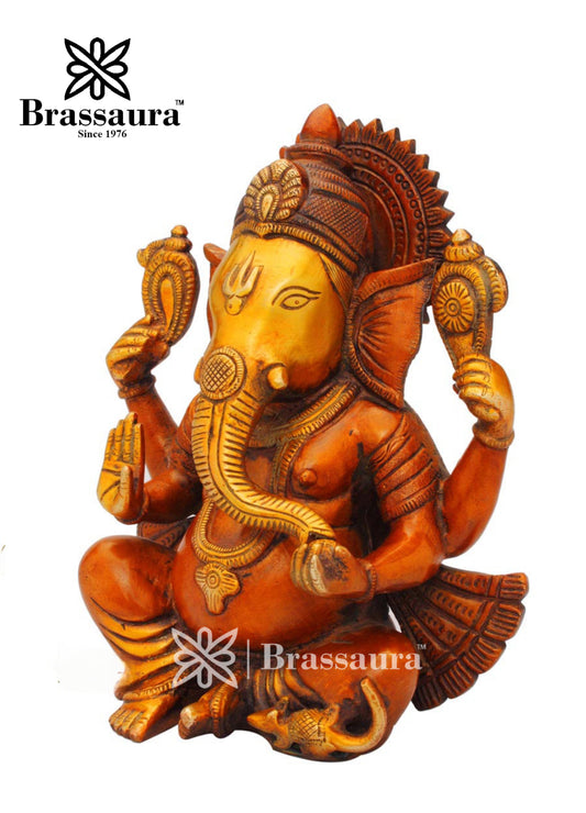 Brassaura™ Brass Ganesha Idol for Home Temple & Pooja Décor | Height 9 Inches & Weight 4.3 Kgs