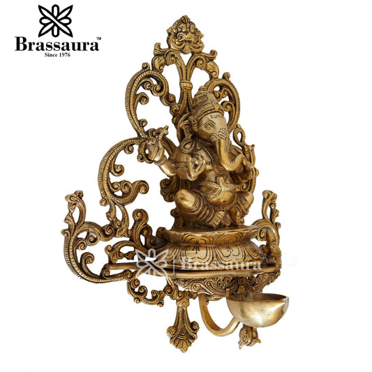 Brassaura™ Decorative Brass Ganesha Diya Wall Hanging – Height 17 Inches & Weight 3.7Kgs | Temple & Home Décor