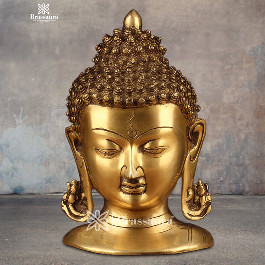 Brassaura® Golden Buddha Head | Pure Superfine Brass Handcrafted Murti | Brass Statue for Home Temple, Pooja Room | Height 8.5 Inches | Weight 1.8 Kg