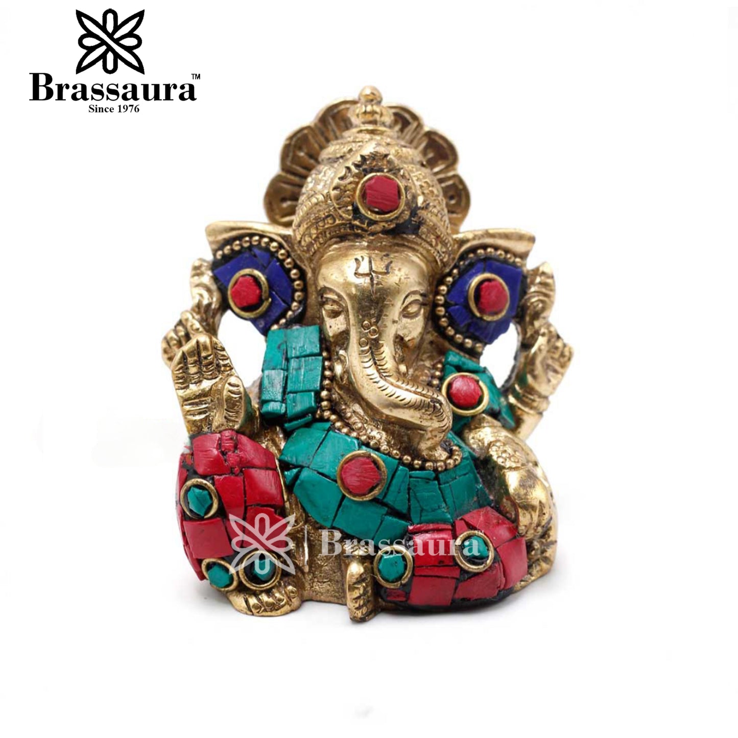 Brassaura™ Brass Gem Stone Work Ganesha Statue for Home Décor & Gift | Weight 0.45 Kg | Height 2.5 Inches