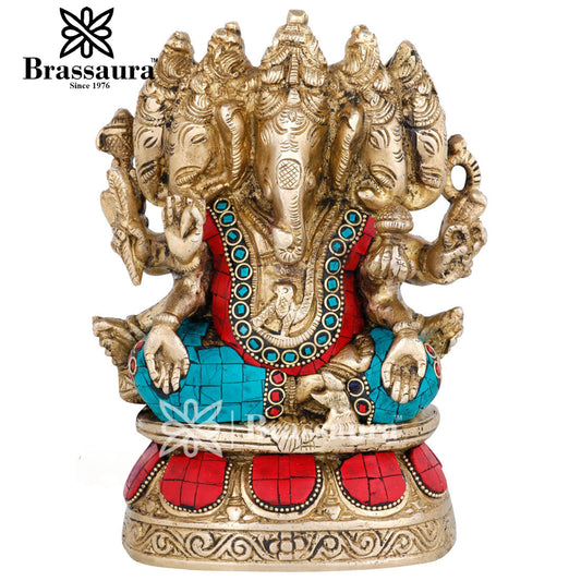 Brassaura™ Brass Gem Stone Work Panchmukhi Ganesha Statue for Home Décor & Gift | Weight 3.3 Kgs | Height 7 Inches