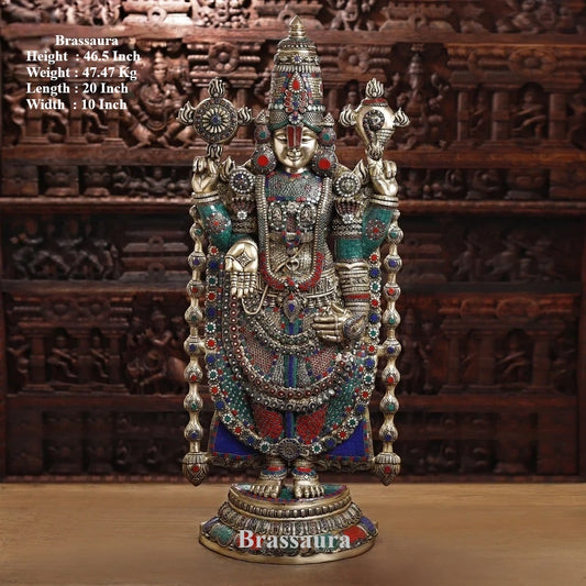 Brass Tirupati Balaji Idol, Venkateshwara Standing, Intricate Stone Work 46.5" Inch & Weight 47.47 Kg