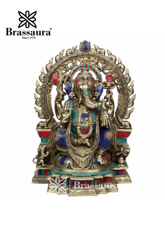 Brassaura™ Brass Gem Stone Work Ring Ganesha Statue for Home Décor & Gift | Weight 16.8 Kgs | Height 18 Inches