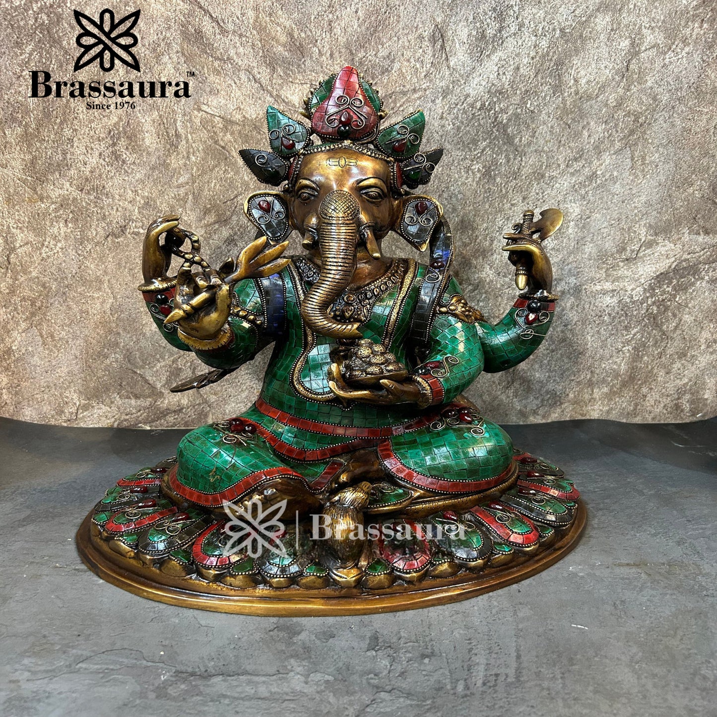 Brassaura™ Brass Gem Stone Work Lotus Ganesha Idol for Home and Decor | Weight 14.7 Kgs | Height 16.93 Inches