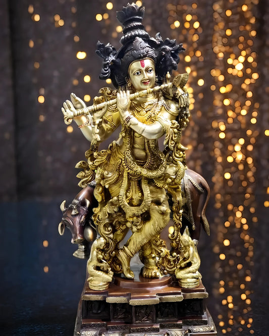 Brassaura® Krishna Playing Flute with Cow Brass Idol | Handcrafted Pure Brass Statue with Intricate Detailing | Premium Hindu God Murti for Home Temple, Pooja Room & Luxury Spiritual Décor | 29 Inches | 35 Kg