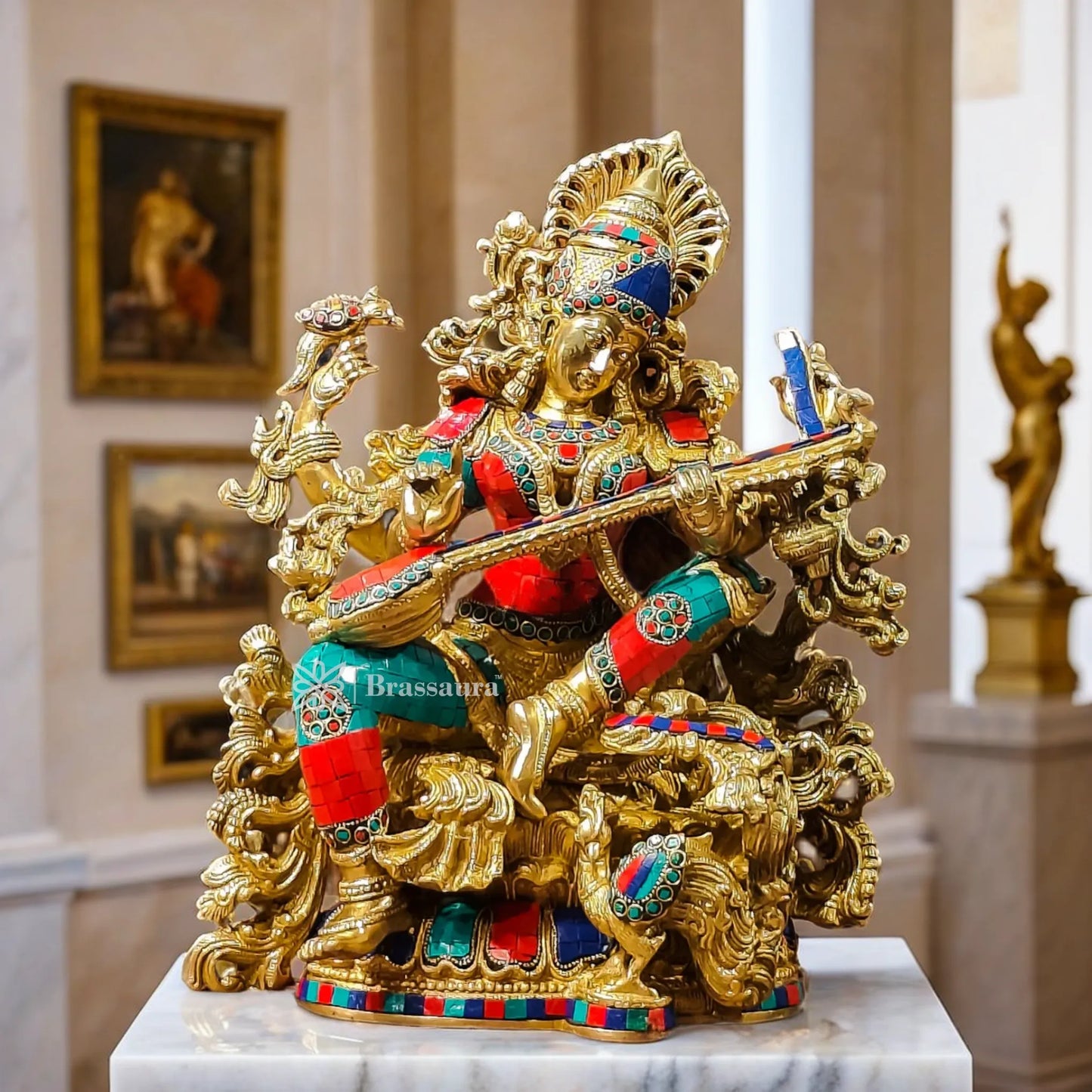Brass Gem Stone Work Saraswati for Home and Decor Height 16 Inches & Weight 15 Kgs