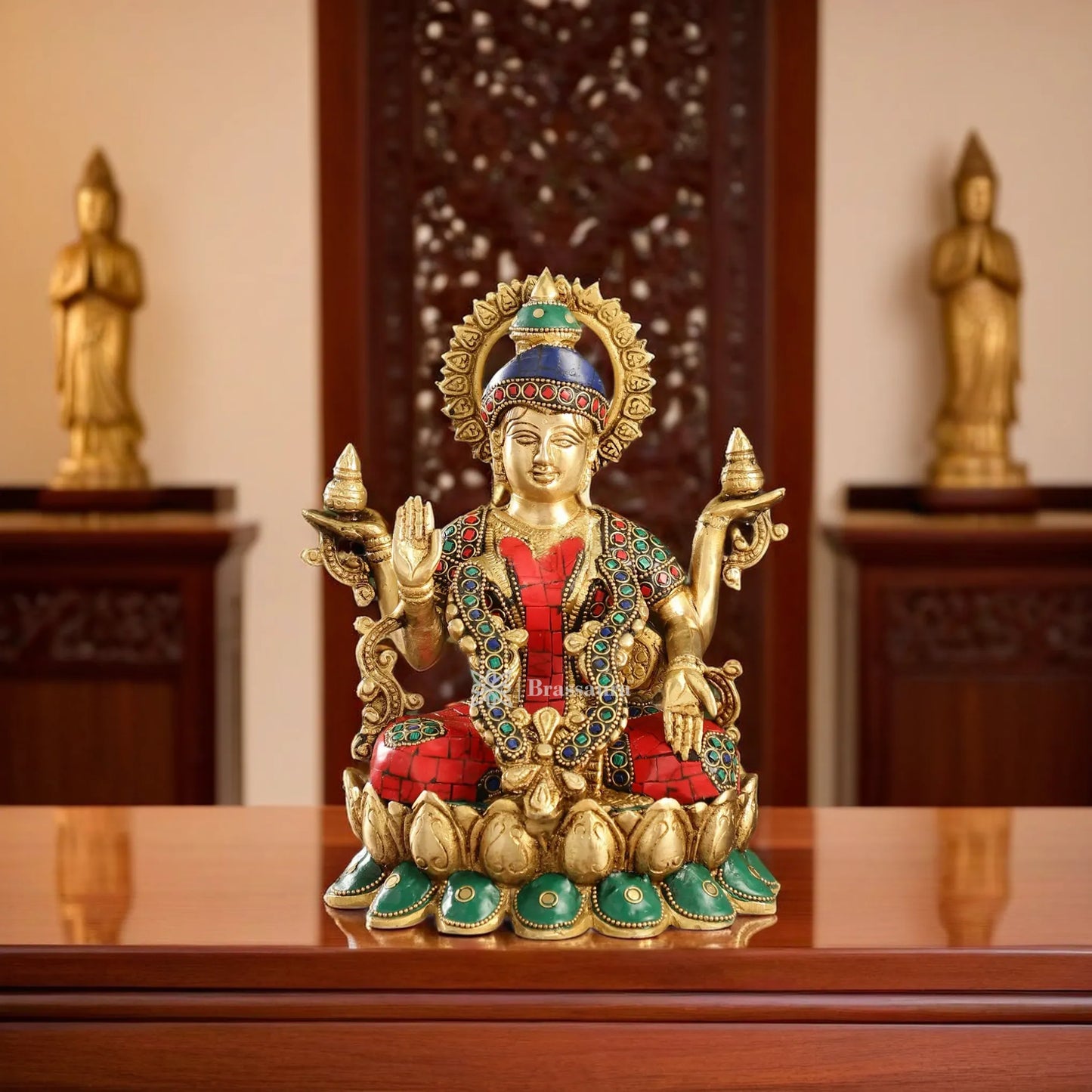 Brass Gem Stone Work Laxmi Mata for Home and Decor Height 10.5 Inches & Weight 4 Kgs