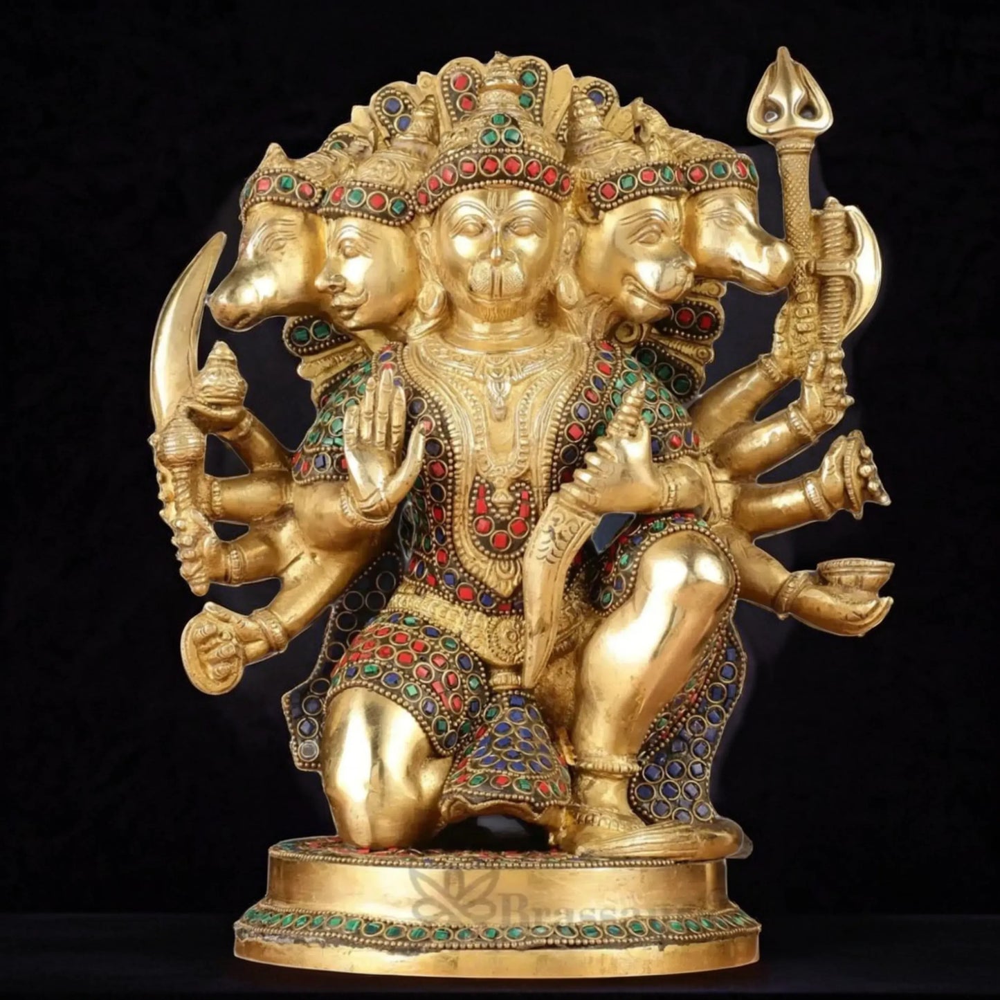 Brassaura™ Handmade Panchmukhi Hanuman Idol – Height 11 Inches & Weight 6.6 Kgs | Golden Finish