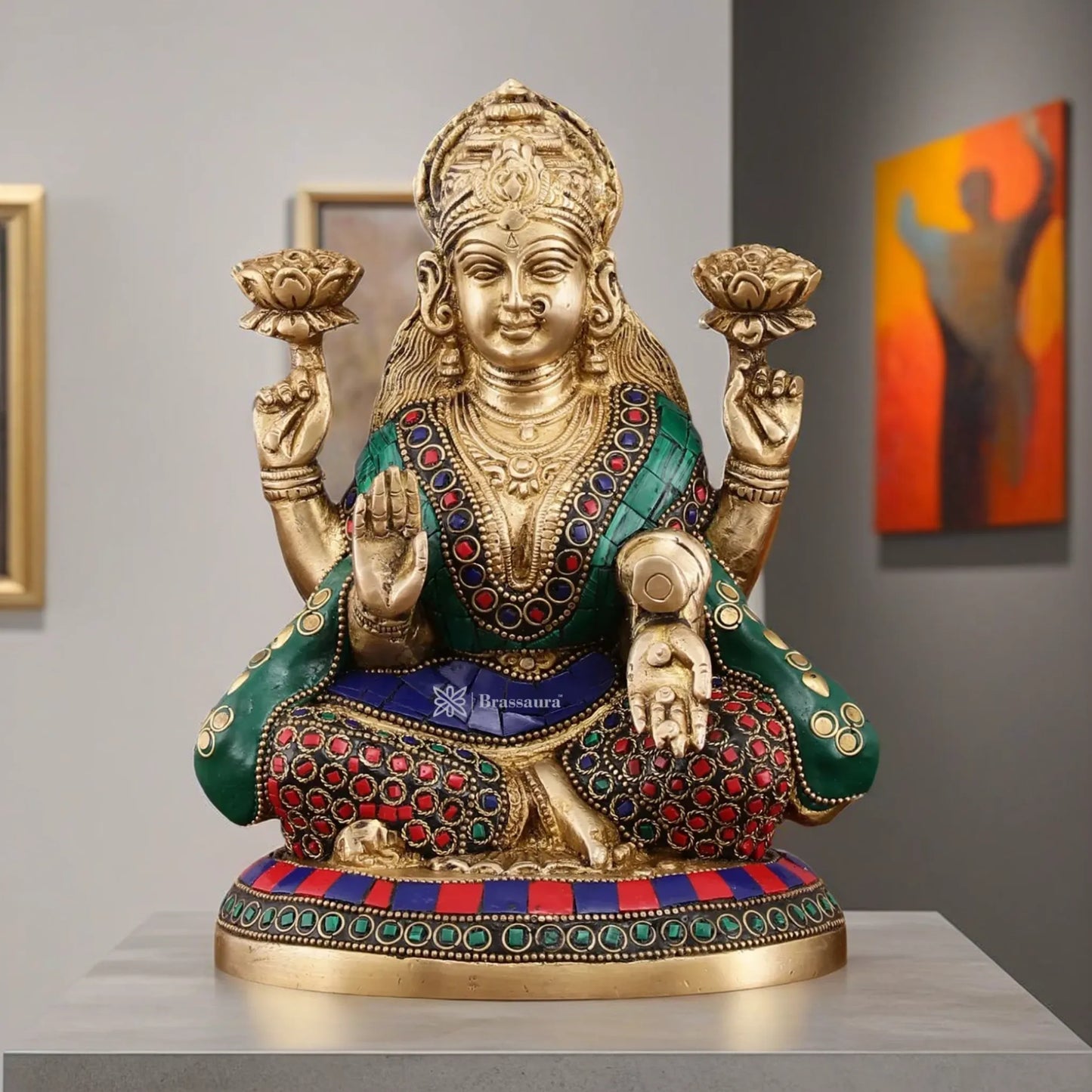 Brass Gem Stone Work Laxmi Mata for Home and Decor Height 8 Inches & Weight 3.2 Kgs
