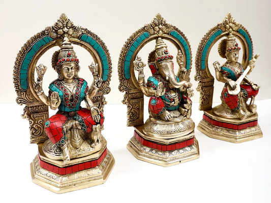 Brassaura™ Brass Ganesha Laxmi Saraswati (GLS) Set | Pure Brass with Meenakari Inlay Work | Height 10 Inches & Weight 9.48 Kgs