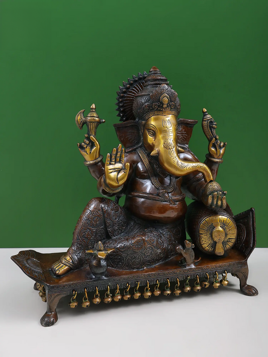 ब्रासौहरा™ चौकी पर लेटे भगवान गणेश | शुद्ध पीतल की बैठी हुई मूर्ति | ऊंचाई 16 इंच