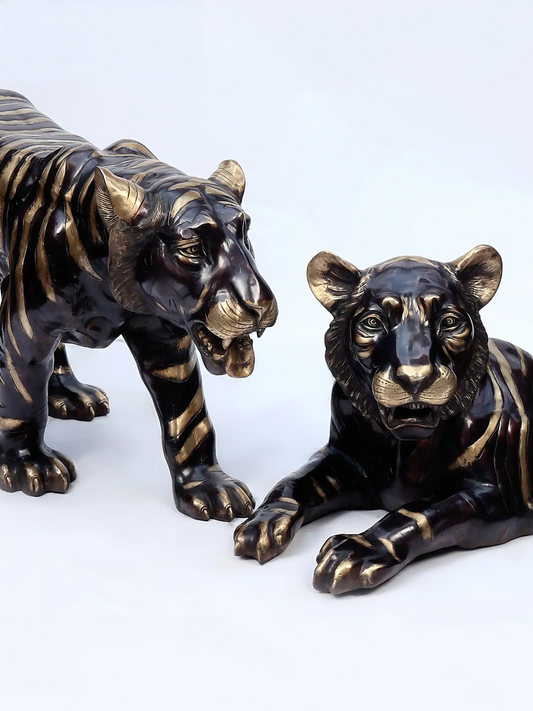 Brassaura® Pair of Tiger Brass Sculptures | Handcrafted Decorative Statues | Height 28 Inches & Weight 155.90 kgs