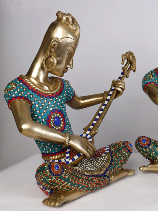 Brassaura® Set of 4 Musical Lady Figurines with Inlay Work | Pure Brass | Height 18 Inches & Weight 55.45 kgs