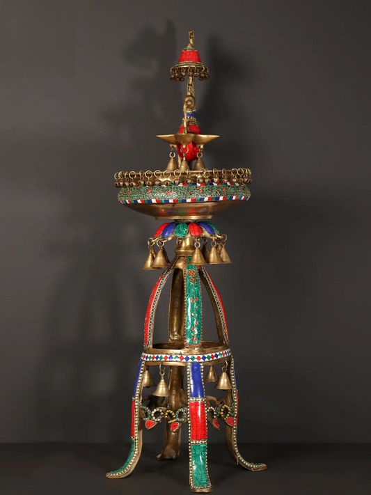 Brassaura® Peacock Brass Urli Stand with Inlay Work & Hanging Bells | Pure Brass | Height 41.5 Inches & Weight 21.70 kgs