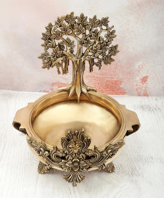 Brassaura® Brass Tree Urli Decorative Bowl with Stand | Pure Brass | Height 15.5 Inches & Weight 6.20 kgs