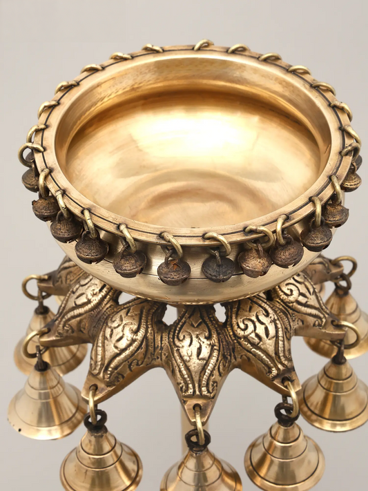 Brassaura® Brass Urli Bowl with Hanging Bells Stand (Set of 2) | Pure Brass | Height 16 Inches & Weight 8.06 kgs