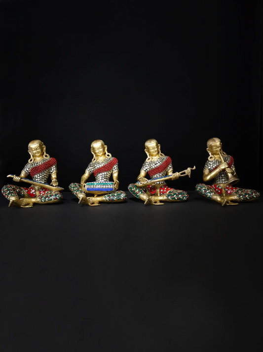 Brassaura® Brass Musical Monk Figurine Set with Inlay Work | Pure Brass | Height 8.5 Inches & Weight 18.65 kgs