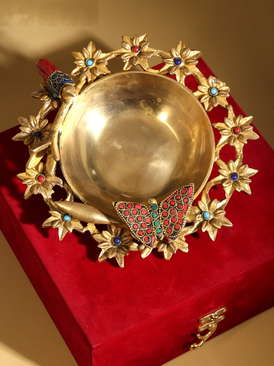 Brassaura® Brass Decorative Bowl with Bird & Butterfly Inlay Work | Pure Brass | Height 2.8 Inches & Weight 1.16 kgs