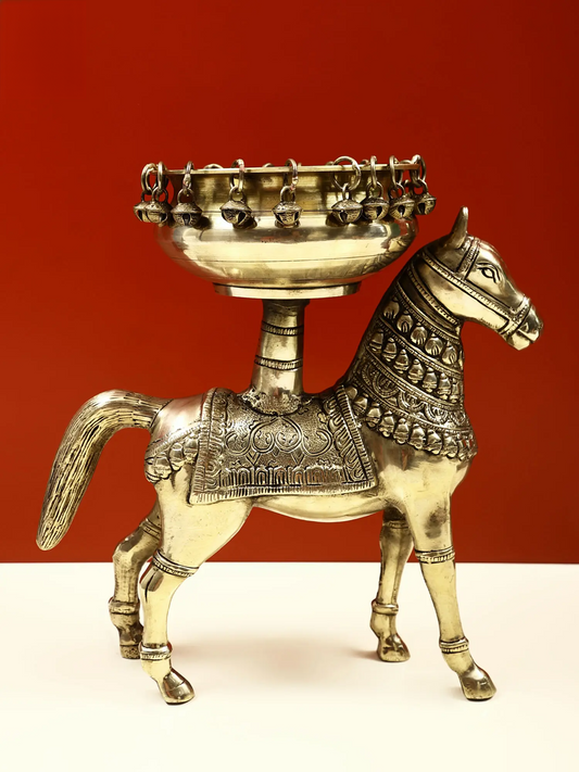 Brassaura® Royal Horse Brass Urli with Hanging Bells | Pure Brass | Height 12 Inches & Weight 5.12 kgs