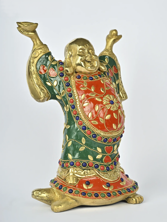 Brassaura® Laughing Buddha Brass Statue with Inlay Work | Pure Brass | Height 8.5 Inches & Weight 2.65 kgs