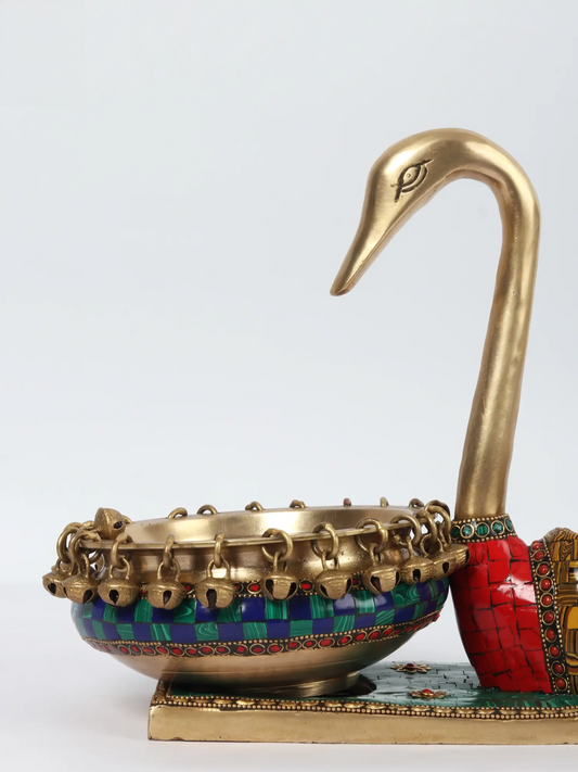 Brassaura® Swan Brass Urli Bowl with Inlay Work & Hanging Bells | Pure Brass | Height 10 Inches & Weight 4.19 kgs