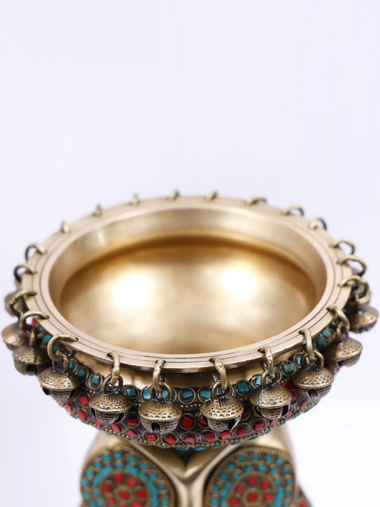 Brassaura® Decorative Brass Owl Urli with Inlay Work | Pure Brass | Height 10 Inches & Weight 4.15 kgs