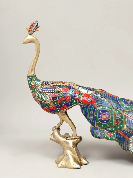Brassaura® Peacock Brass Statue with Multicolor Inlay Work | Pure Brass | Height 24 Inches & Weight 24.60 kgs
