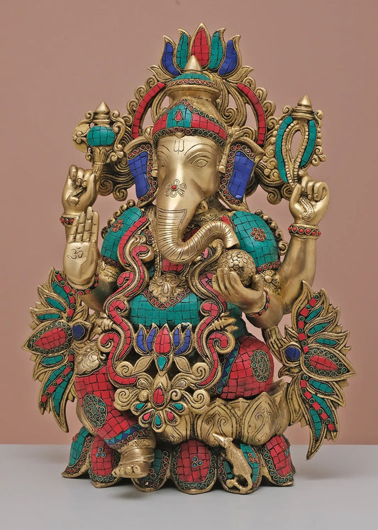 Brassaura® Lord Ganesha with Intricate Inlay Work | Brass with Stone Detailing | Height 21 Inches & Weight 24 kgs