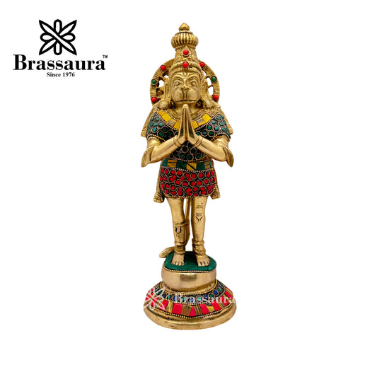 Brassaura™ Brass Gem Stone Work Hanuman Idol Height 11.2 Inches & Weight 2.8 Kg | Temple & Festive Use