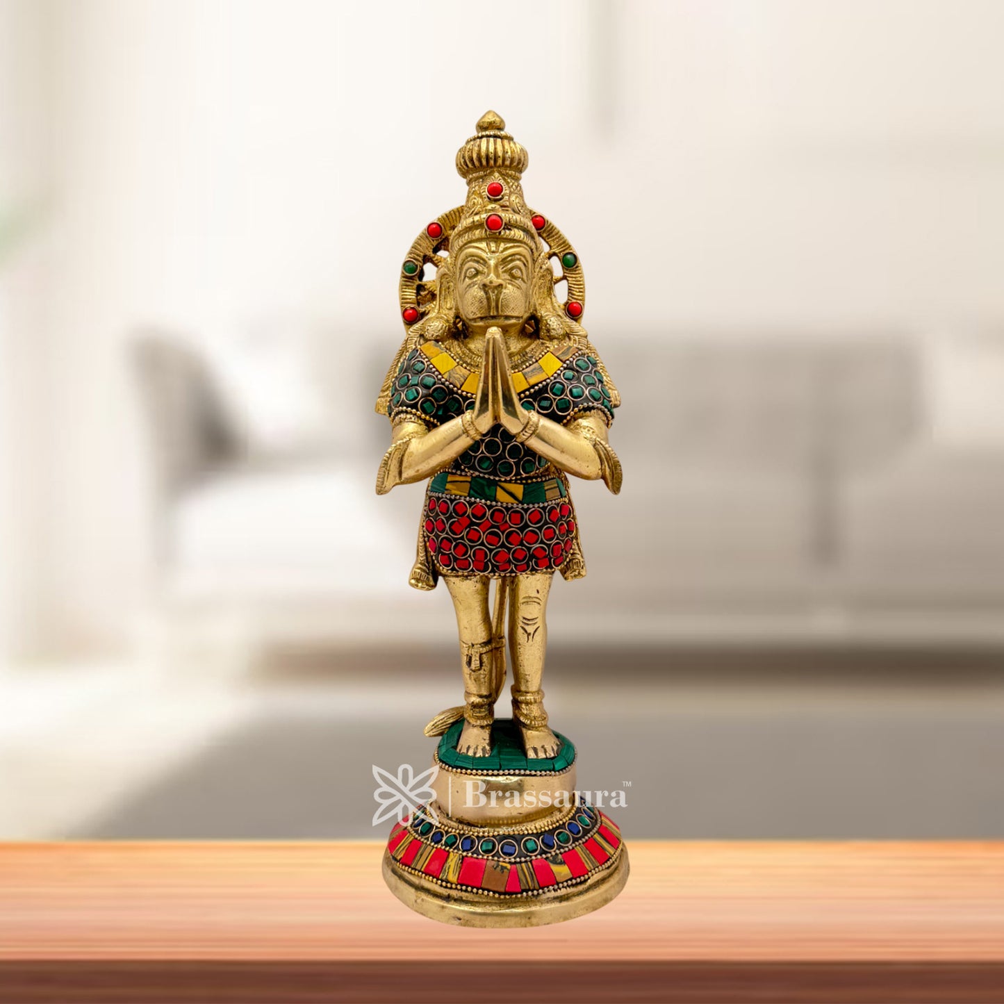 Brassaura™ Brass Gem Stone Work Hanuman Idol Height 11.2 Inches & Weight 2.8 Kg | Temple & Festive Use