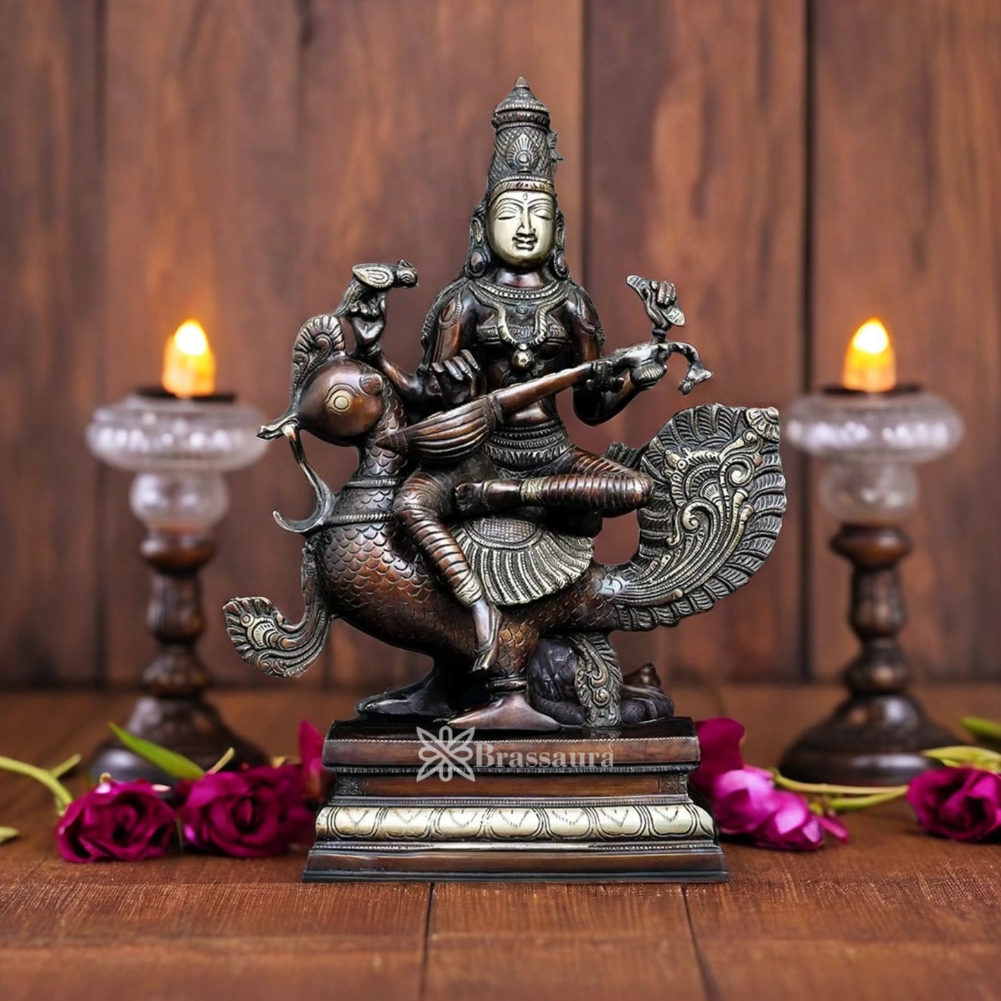 Brassaura™ Brass Saraswati Mata Murti – Height 19 Inches & Weight 15 Kgs | Puja & Worship Idol