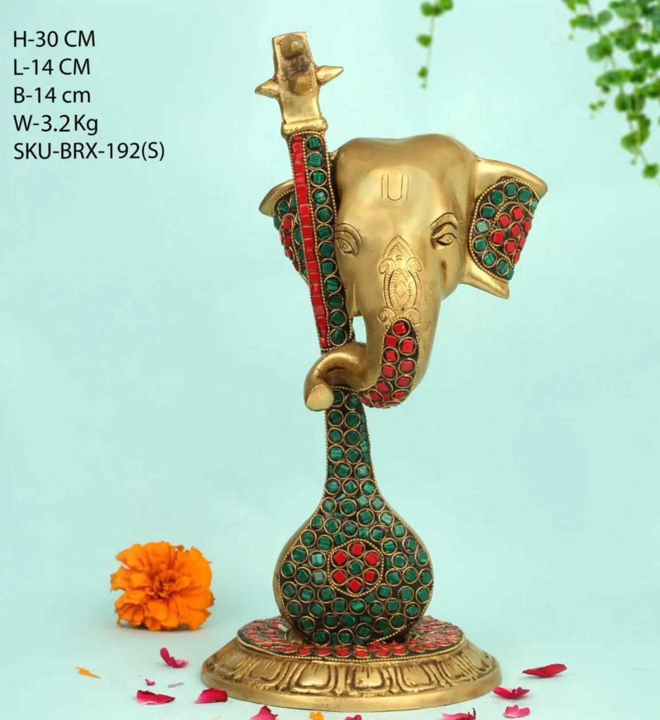 Brassaura™ Modern Ganesha Gemstone Work Statue – Height 11.8 Inch, Weight 3.2 Kg | Solid Brass Murti
