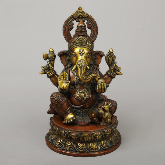 Brassaura™ Brass Ganesh on Pedestal in Blessing Posture – Height 14.5 Inches, Weight 11.37 Kgs