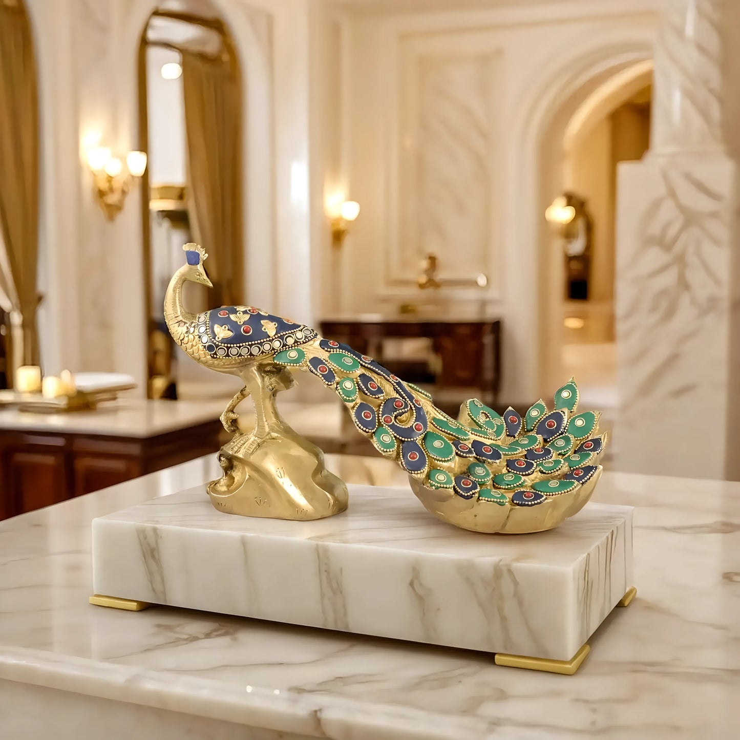 Brassaura™ Superfine Brass Peacock Showpiece with Stonework – Height 7 Inches & Weight 3 Kgs