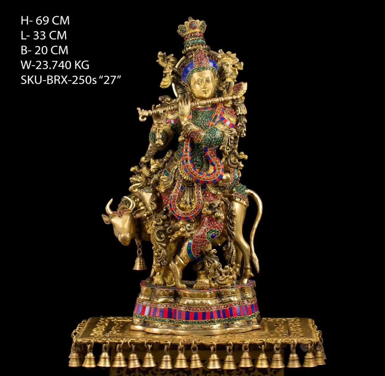 Brassaura™ Cow Krishna Gemstone Work Statue – Height 27 Inch, Weight 23.74 Kg | Solid Brass Murti