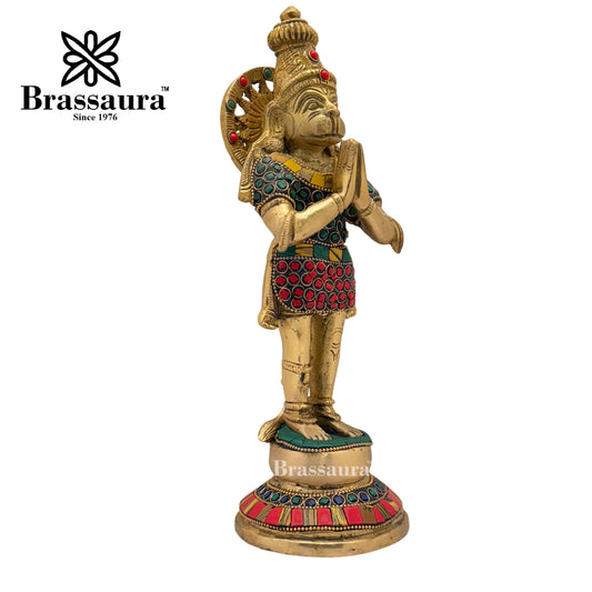 Brassaura® Brass Gem Stone Work Hanuman Idol Height 11.2 Inches | Temple & Festive Use