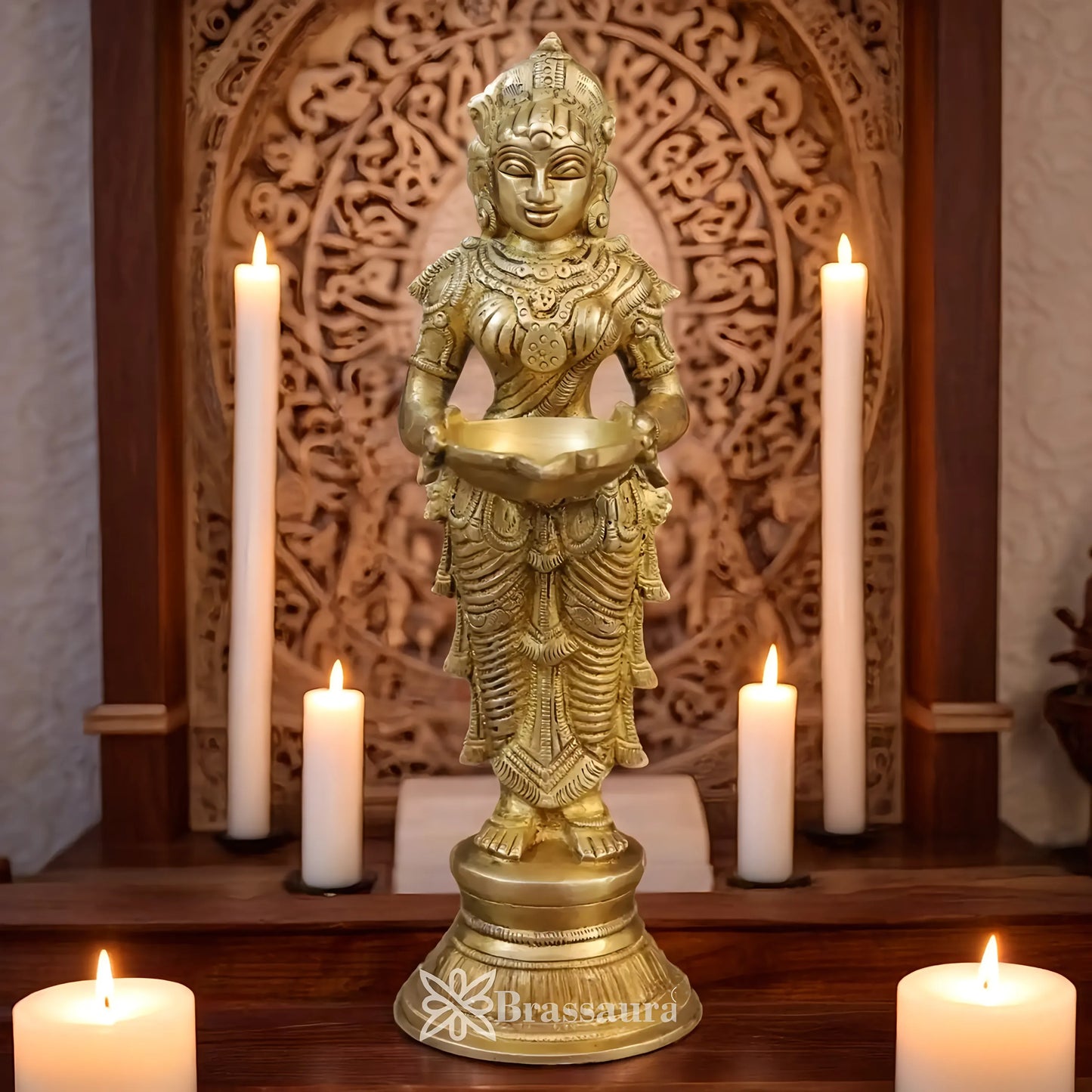 Brassaura™ Brass Deep Laxmi With Diya – Height 9.5 Inches & Weight 1.58 Kgs | Temple & Home Décor