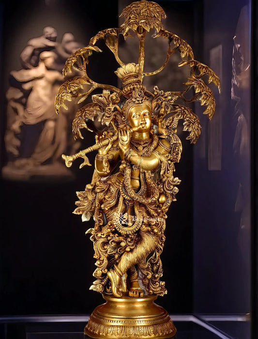 Brassaura™ Superfine Brass Krishna under Tree Sculpture – Height 35 Inches & Weight 32 Kgs