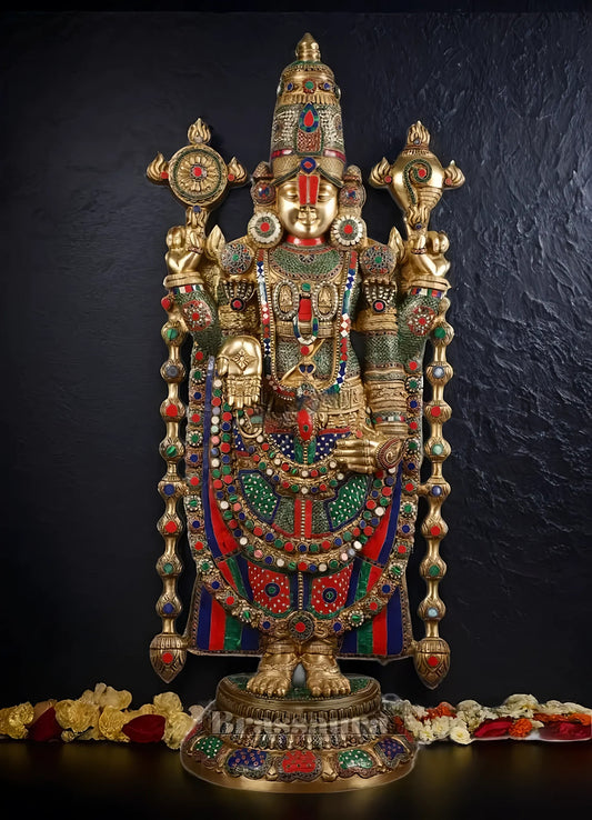Brassaura™ Majestic Brass Lord Venkateshwara Idol with Stonework – 48 Inches, 49 Kgs