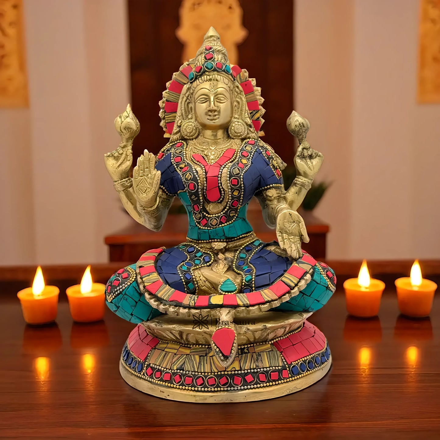 Brassaura™ Brass Gem Stone Work Goddess Laxmi Murti – Height 9.6 Inches & Weight 3.44 Kgs | Home & Temple Idol