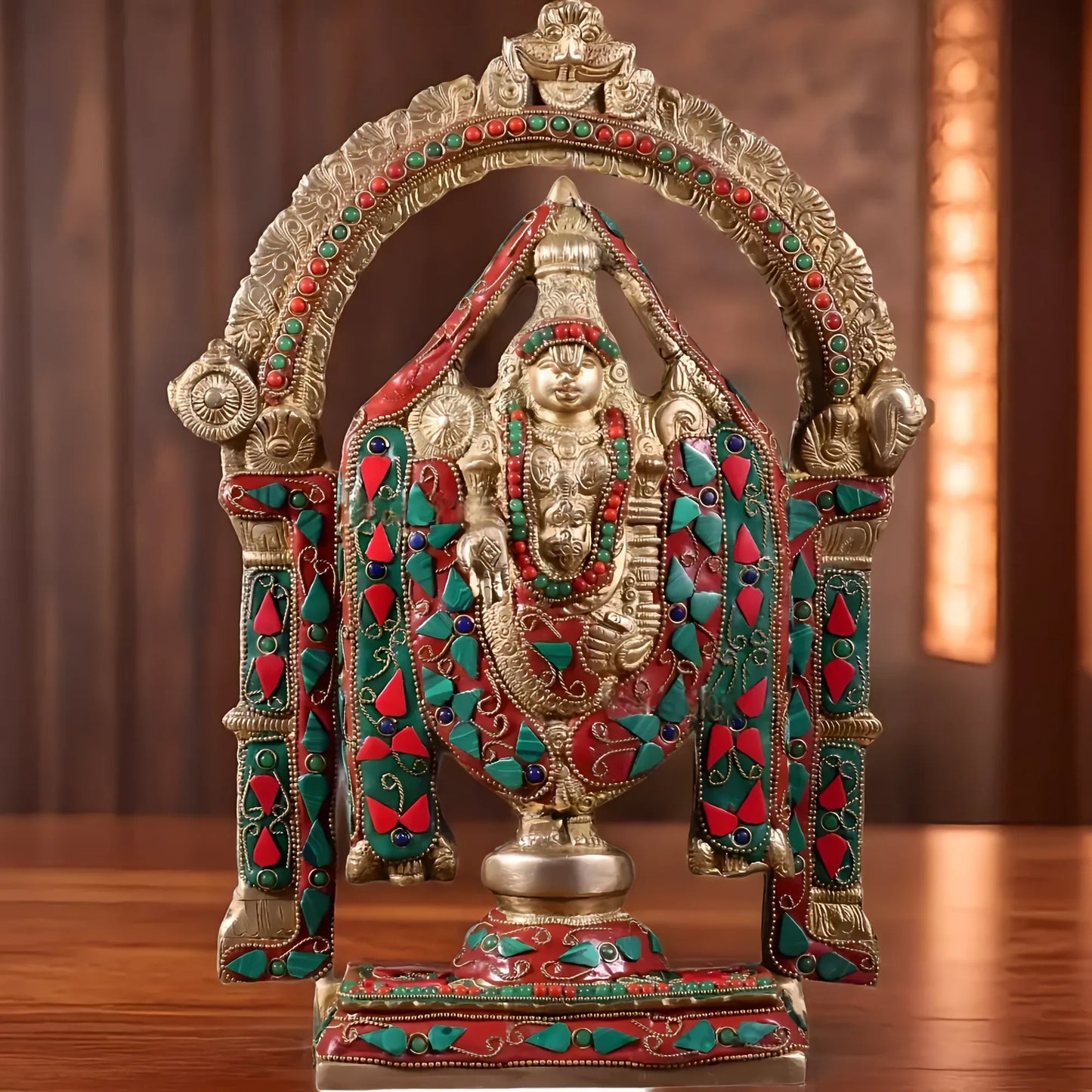 Brassaura™ Superfine Brass Tirupati Balaji Idol with Meenakari Stonework | Handcrafted Devotional Décor | Weight 4.5 Kgs | Height 13 Inches