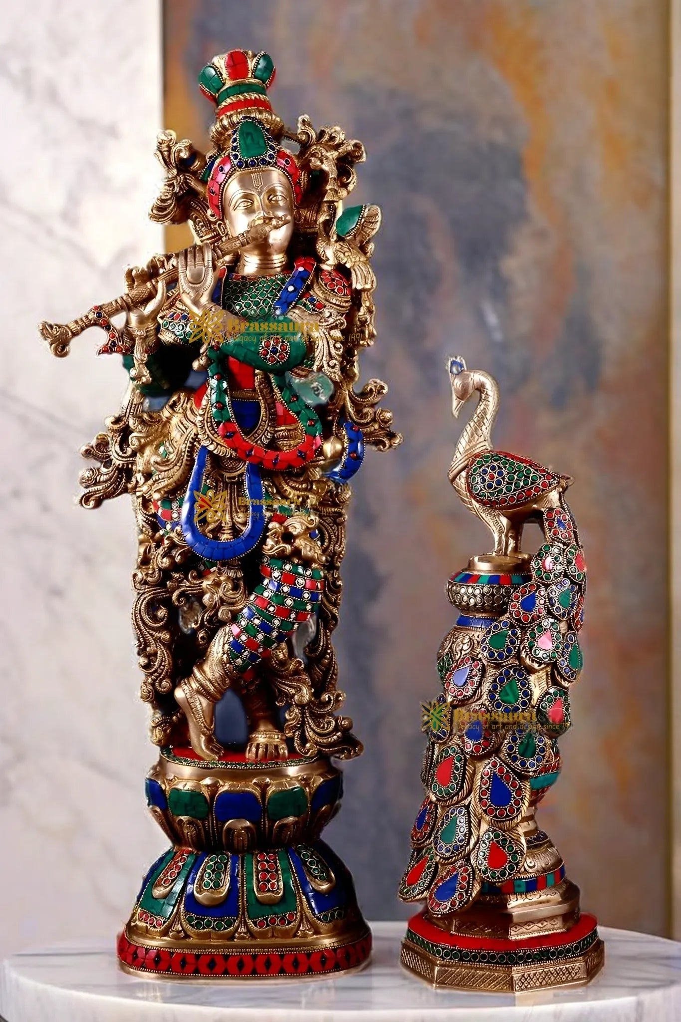 Brassaura™ Krishna Flute Statue (29" | 19 Kgs) & Large Peacock Showpiece (20" | 8.5 Kgs) Set