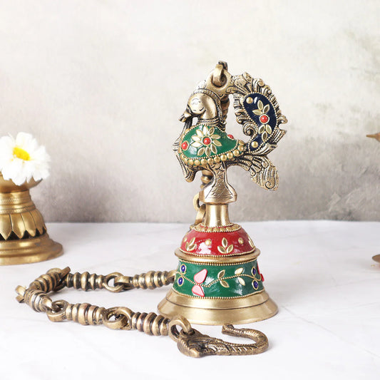 Brassaura® Brass Peacock Inlay Work Bell | Height 31 Inches