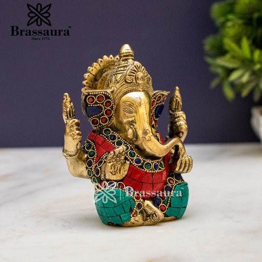 Brassaura™ Brass Ganesha Idol for Home and Decor | Weight 0.8 Kg | Height 4.5 Inches