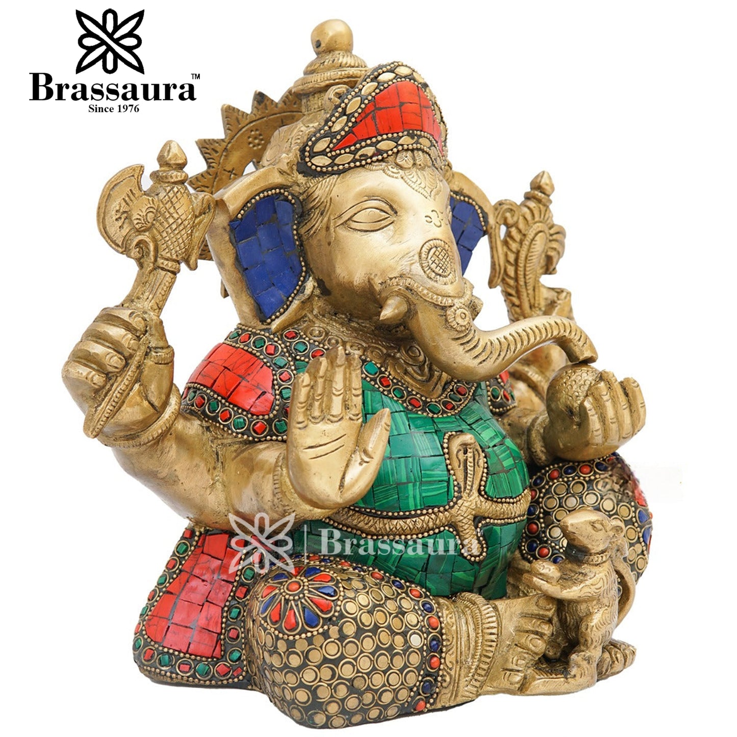 Brassaura™ Brass Gem Stone Work Ganesha Idol for Home and Decor | Weight 6 Kgs | Height 9 Inches