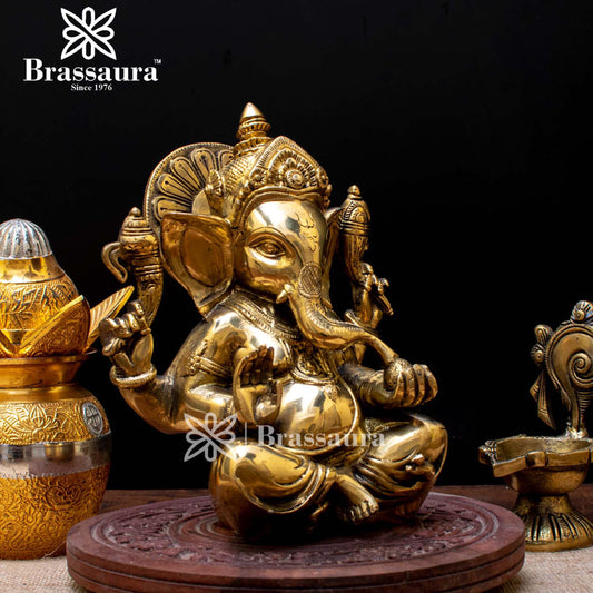 Brassaura™ Brass Appu Ganesha Idol for Home and Decor | Weight 3 Kgs | Height 7.5 Inches